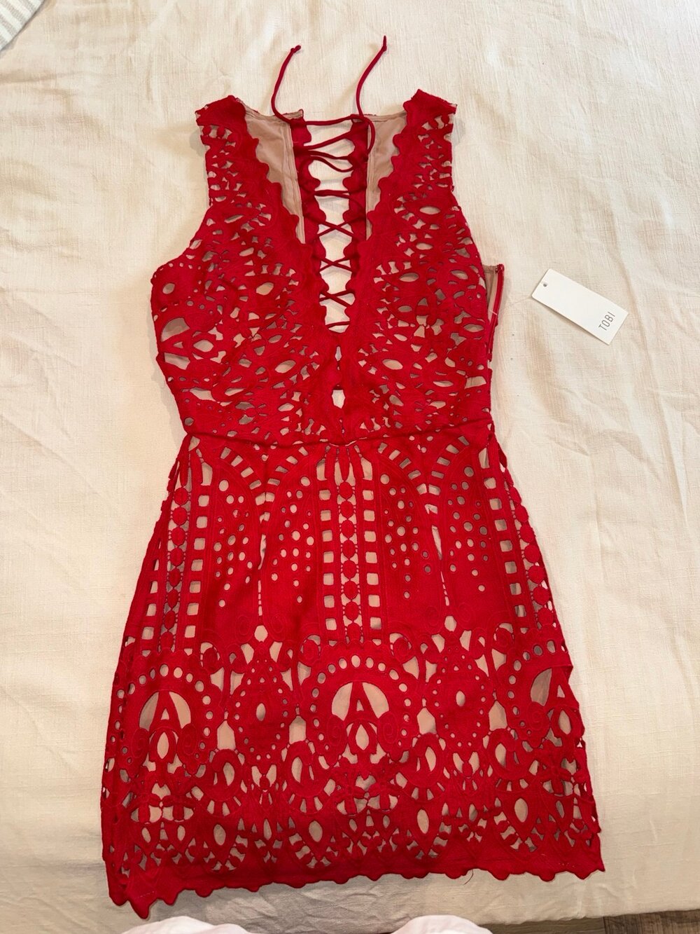 Tobi Red Crochet Lace Lace-Up Mini Dress Size Small